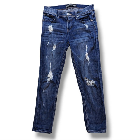 Express | Cropped Legging Distressed Dark Wash Denim Mid Rise Women's Size 2 - Picture 1 of 3